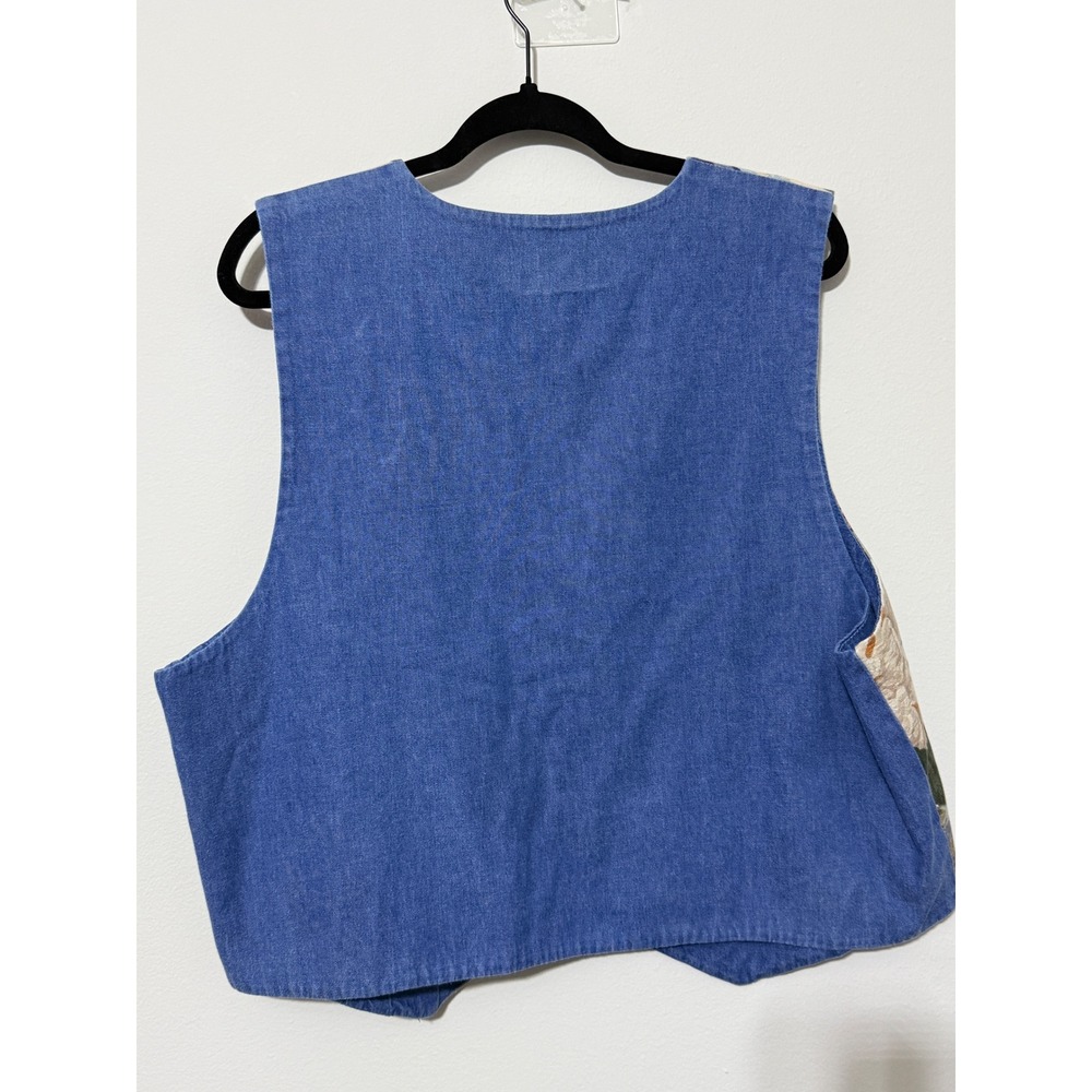 Vintage Floral Tapestry Vest Blue Denim Back Button Front Boho Cottagecore Women - Picture 11 of 14